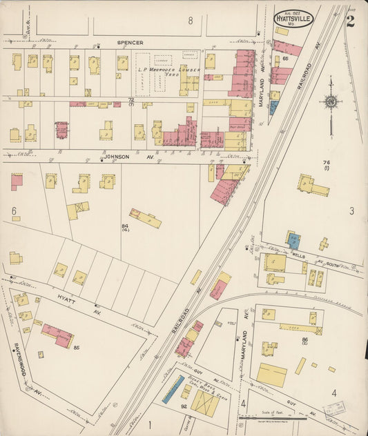 Sanborn Fire Insurance Map from Hyattsville, Prince Georges County, Maryland (1922), Sheet #0002 - Historic Sanborn Fire Insurance Map Print, vintage old map wall art