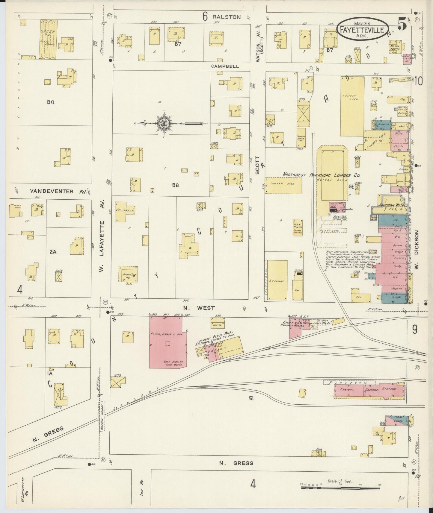 Sanborn Fire Insurance Map from Fayetteville, Washington County, Arkansas (1913), Sheet #0005 - Historic Sanborn Fire Insurance Map Print, vintage old map wall art, antique decor, genealogy gift, Arkansas Arkansas map