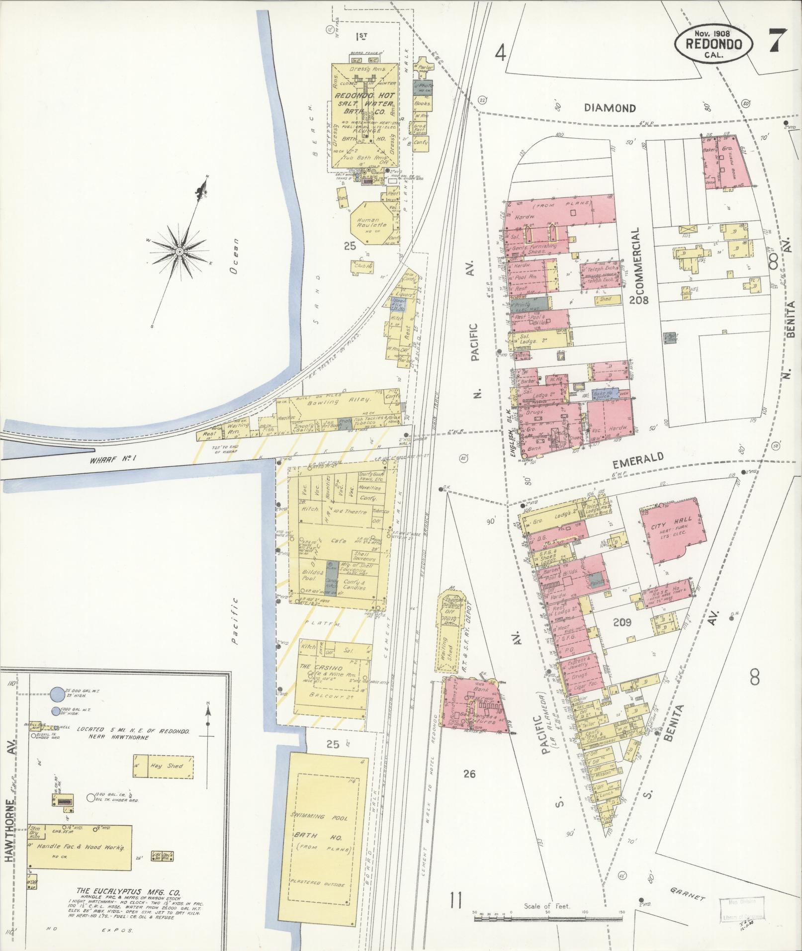 Sanborn Fire Insurance Map from Redondo Beach, Los Angeles County, California (1908), Sheet #0007 - Complete Map Set gallery image, historic Sanborn map, vintage wall art, California California