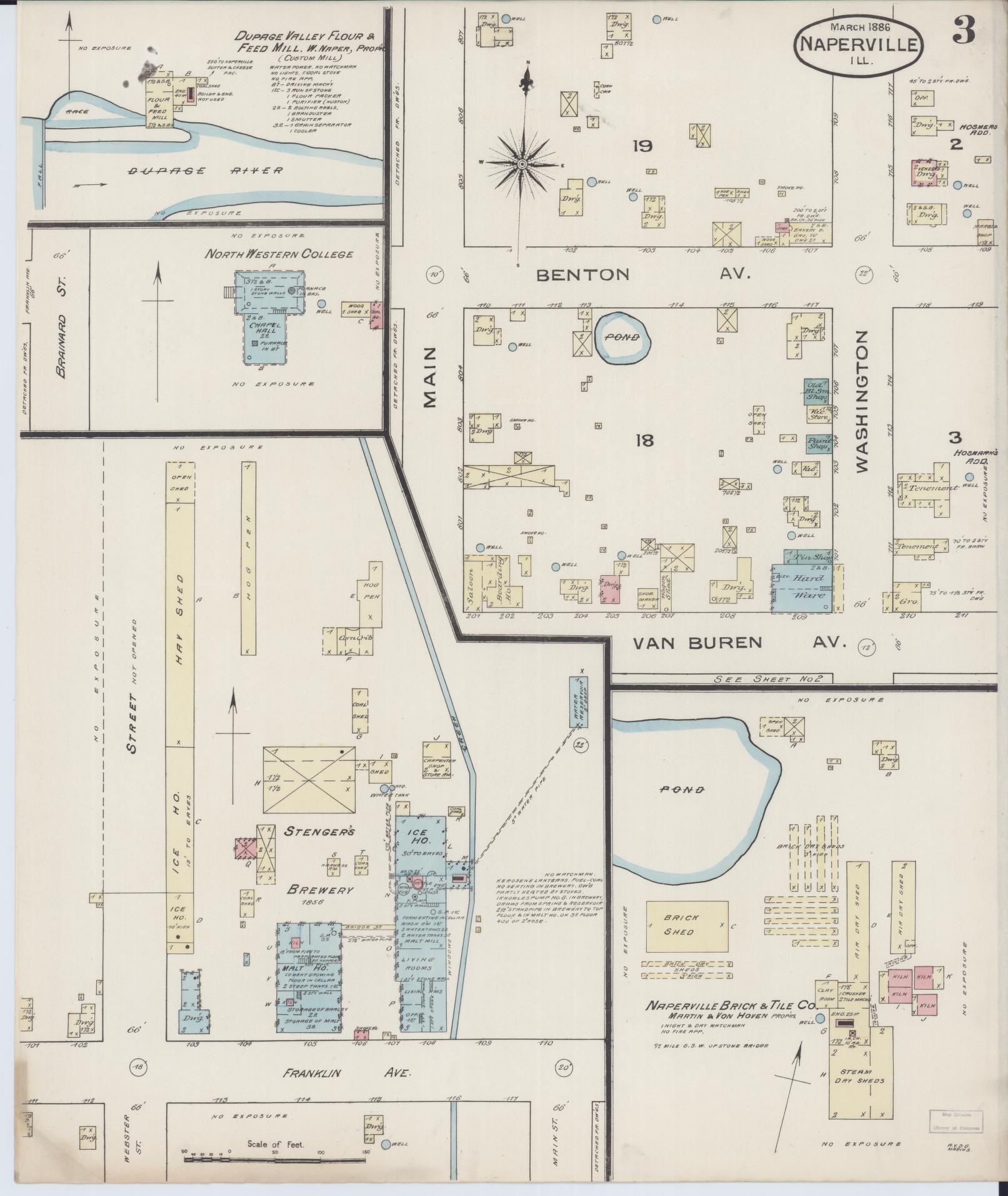 Sanborn Fire Insurance Map from Naperville, Du Page County, Illinois (1886), Sheet #0003 - Complete Map Set gallery image, historic Sanborn map, vintage wall art, Illinois Illinois