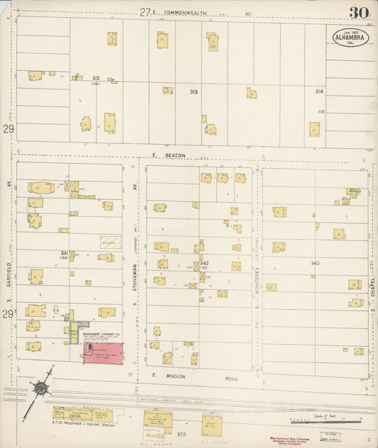 Sanborn Fire Insurance Map from Alhambra, Los Angeles County, California (1912), Sheet #0030 - Historic Sanborn Fire Insurance Map Print, vintage old map wall art, antique decor, genealogy gift, California California map