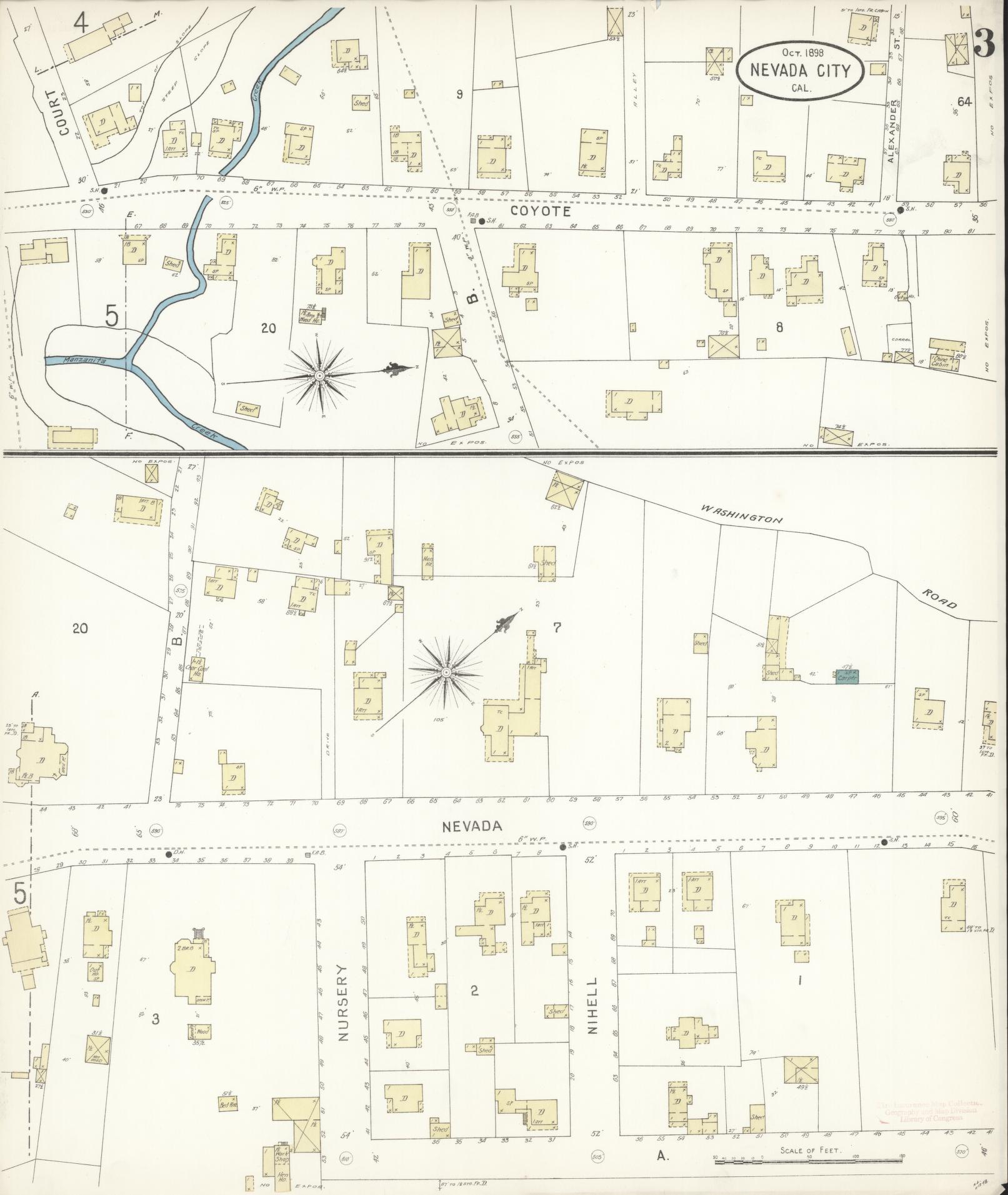 Sanborn Fire Insurance Map from Nevada City, Nevada County, California (1898), Sheet #0003 - Complete Map Set gallery image, historic Sanborn map, vintage wall art, California California