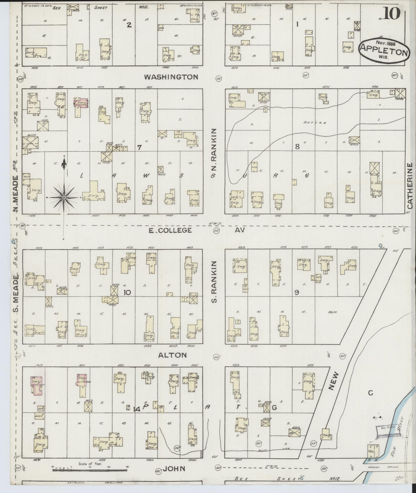 Sanborn Fire Insurance Map from Appleton, Outagamie County, Wisconsin (1886), Sheet #0010 - Historic Sanborn Fire Insurance Map Print, vintage old map wall art, antique decor, genealogy gift, Wisconsin Wisconsin map