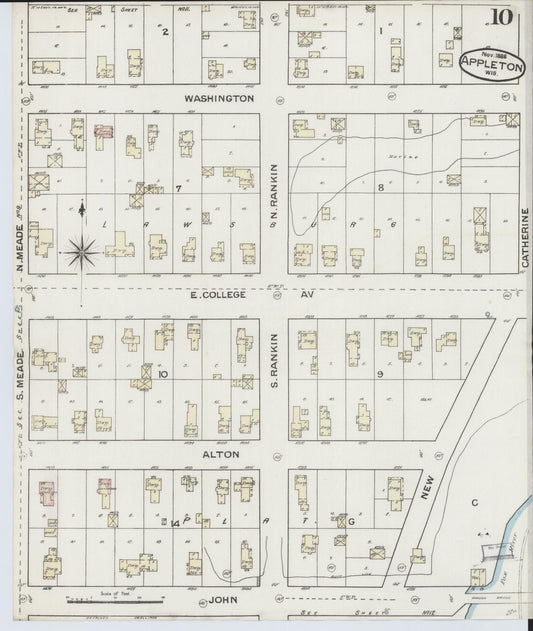 Sanborn Fire Insurance Map from Appleton, Outagamie County, Wisconsin (1886), Sheet #0010 - Historic Sanborn Fire Insurance Map Print, vintage old map wall art, antique decor, genealogy gift, Wisconsin Wisconsin map