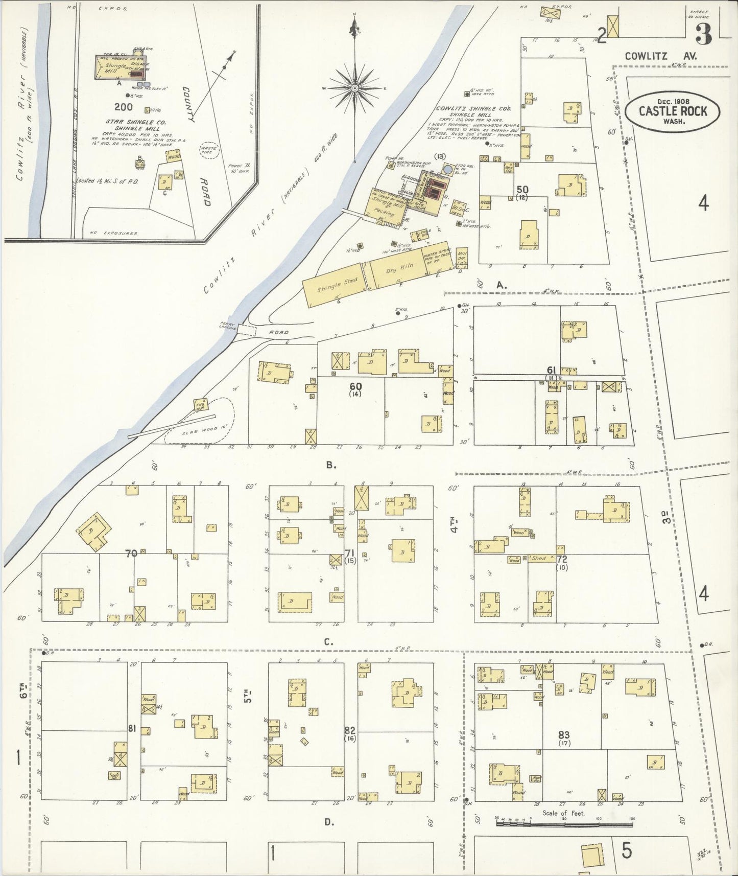 Sanborn Fire Insurance Map from Castle Rock, Cowlitz County, Washington (1908), Sheet #0003 - Complete Map Set gallery image, historic Sanborn map, vintage wall art, Washington Washington