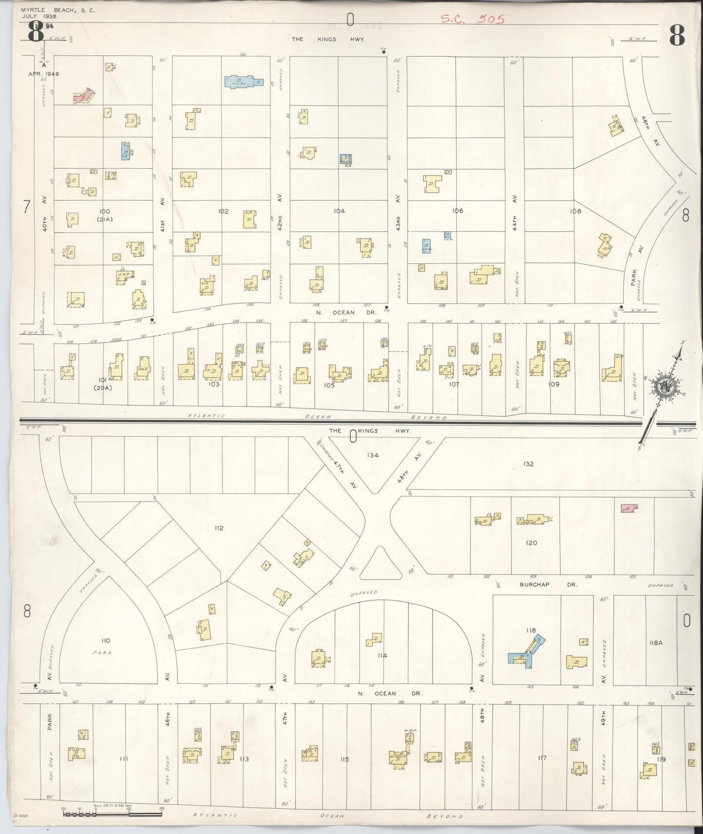 Sanborn Fire Insurance Map from Myrtle Beach, Horry County, South Carolina (1949), Sheet #0008 - Complete Map Set gallery image, historic Sanborn map, vintage wall art, South Carolina South Carolina