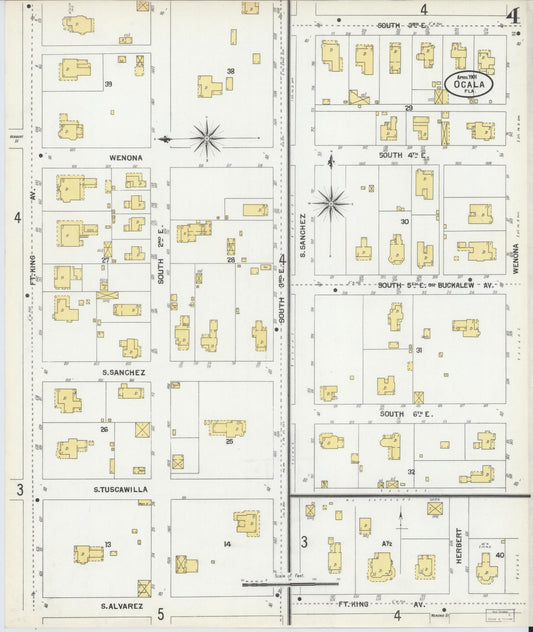 Sanborn Fire Insurance Map from Ocala, Marion County, Florida (1901), Sheet #0004 - Historic Sanborn Fire Insurance Map Print, vintage old map wall art, antique decor, genealogy gift, Florida Florida map