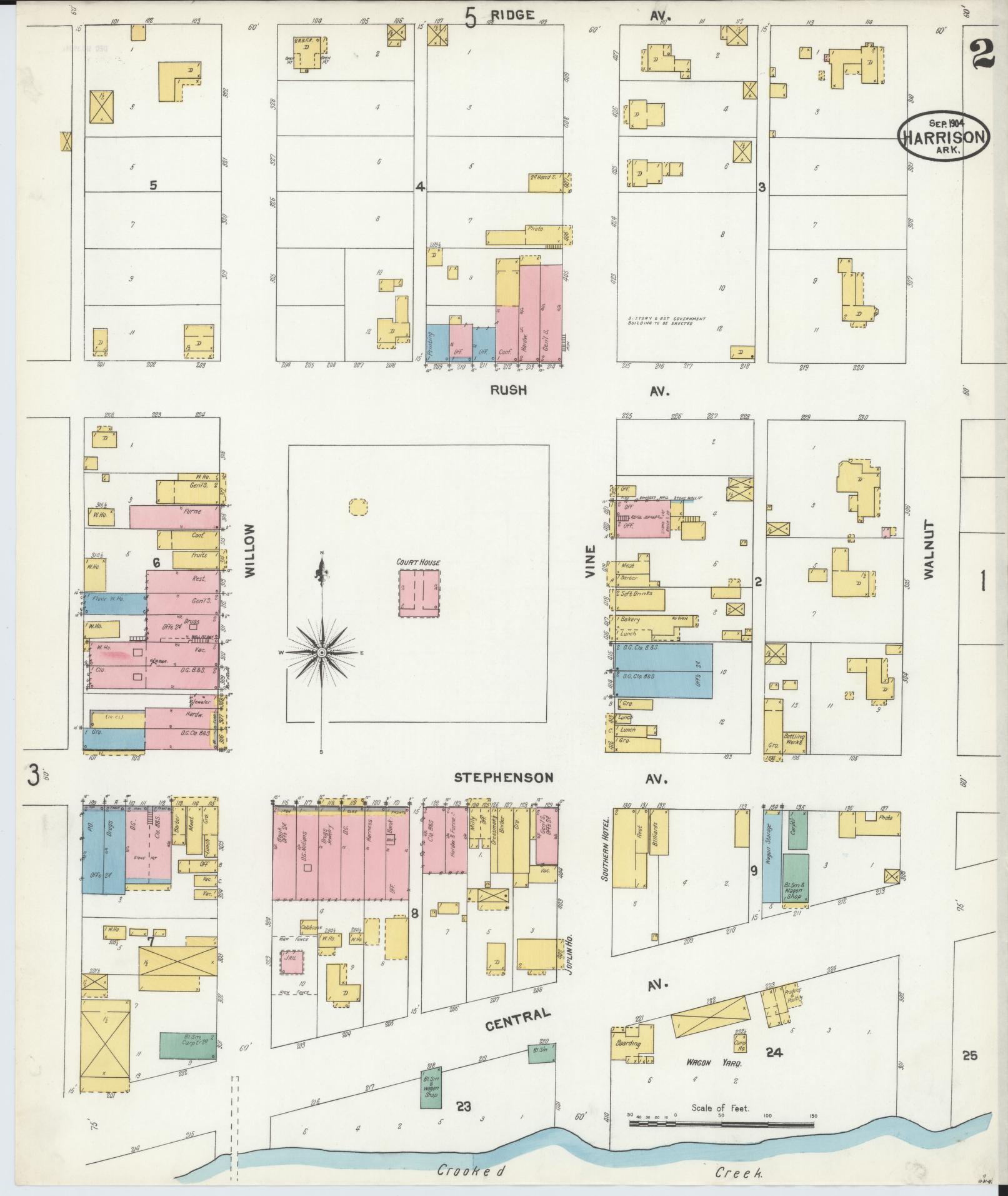 Sanborn Fire Insurance Map from Harrison, Boone County, Arkansas (1904), Sheet #0002 - Complete Map Set gallery image, historic Sanborn map, vintage wall art, Arkansas Arkansas