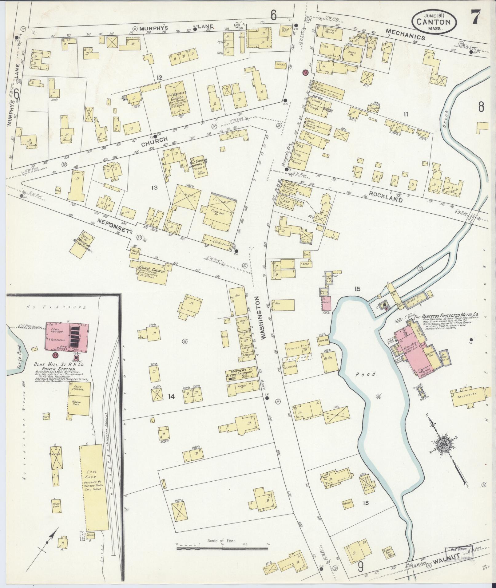 Sanborn Fire Insurance Map from Canton, Norfolk County, Massachusetts (1911), Sheet #0007 - Historic Sanborn Fire Insurance Map Print, vintage old map wall art, antique decor, genealogy gift, Massachusetts Massachusetts map