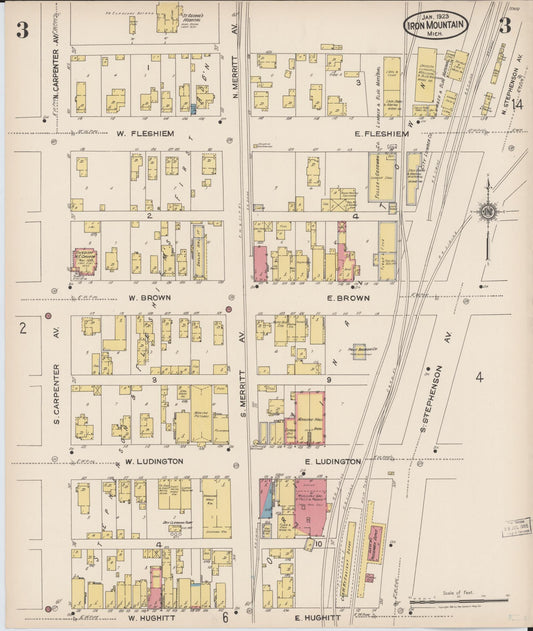Sanborn Fire Insurance Map from Iron Mountain, Dickinson County, Michigan (1923), Sheet #0003 - Historic Sanborn Fire Insurance Map Print, vintage old map wall art, antique decor, genealogy gift, Michigan Michigan map