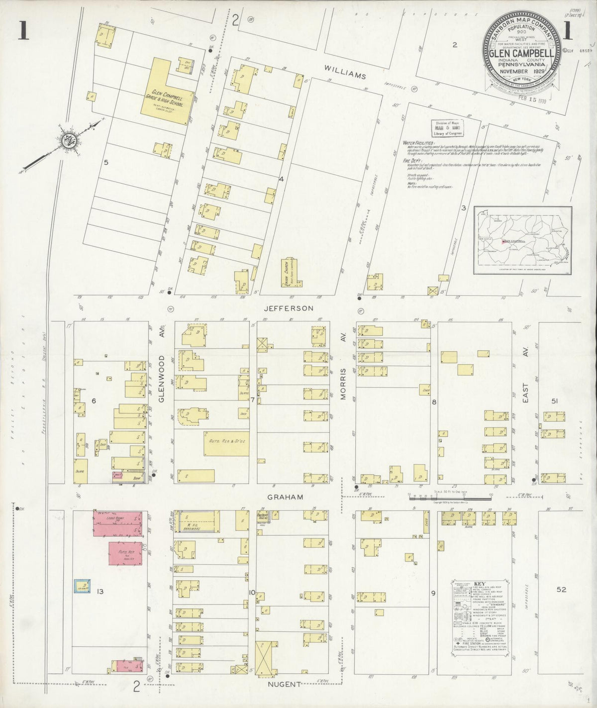 Sanborn Fire Insurance Map from Glen Campbell, Indiana County, Pennsylvania (1929), Sheet #0001 - Historic Sanborn Fire Insurance Map Print, vintage old map wall art, antique decor, genealogy gift, Glen Campbell Indiana map