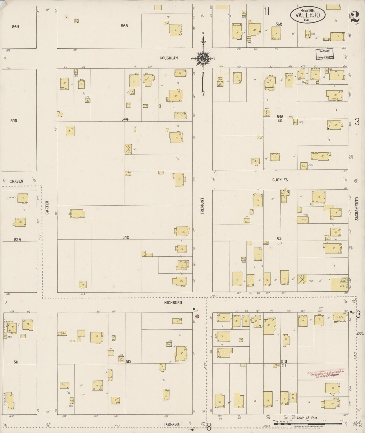 Sanborn Fire Insurance Map from Vallejo, Solano County, California (1919), Sheet #0002 - Complete Map Set gallery image, historic Sanborn map, vintage wall art, California California