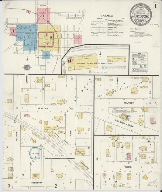 Sanborn Fire Insurance Map from Jonesboro, Union County, Illinois (1910), Sheet #0001 - Historic Sanborn Fire Insurance Map Print, vintage old map wall art, antique decor, genealogy gift, Illinois Illinois map