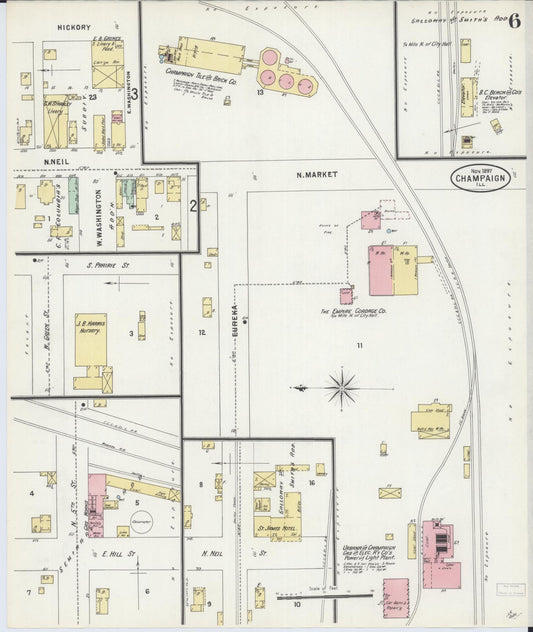 Sanborn Fire Insurance Map from Champaign, Champaign County, Illinois (1897), Sheet #0006 - Historic Sanborn Fire Insurance Map Print, vintage old map wall art, antique decor, genealogy gift, Illinois Illinois map