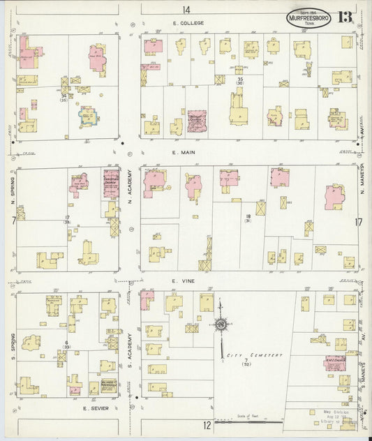Sanborn Fire Insurance Map from Murfreesboro, Rutherford County, Tennessee (1914), Sheet #0013 - Historic Sanborn Fire Insurance Map Print, vintage old map wall art, antique decor, genealogy gift, Tennessee Tennessee map