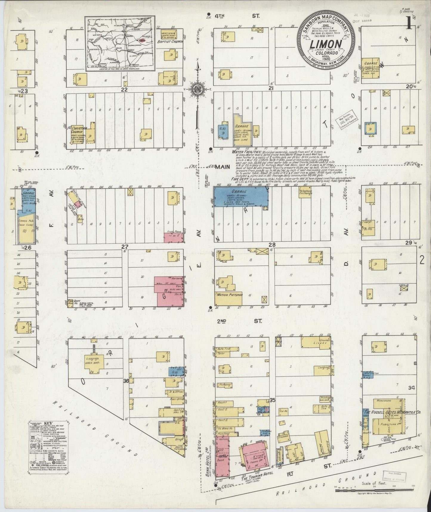 Sanborn Fire Insurance Map from Limon, Lincoln County, Colorado (1920), Sheet #0001 - Historic Sanborn Fire Insurance Map Print, vintage old map wall art, antique decor, genealogy gift, Colorado Colorado map