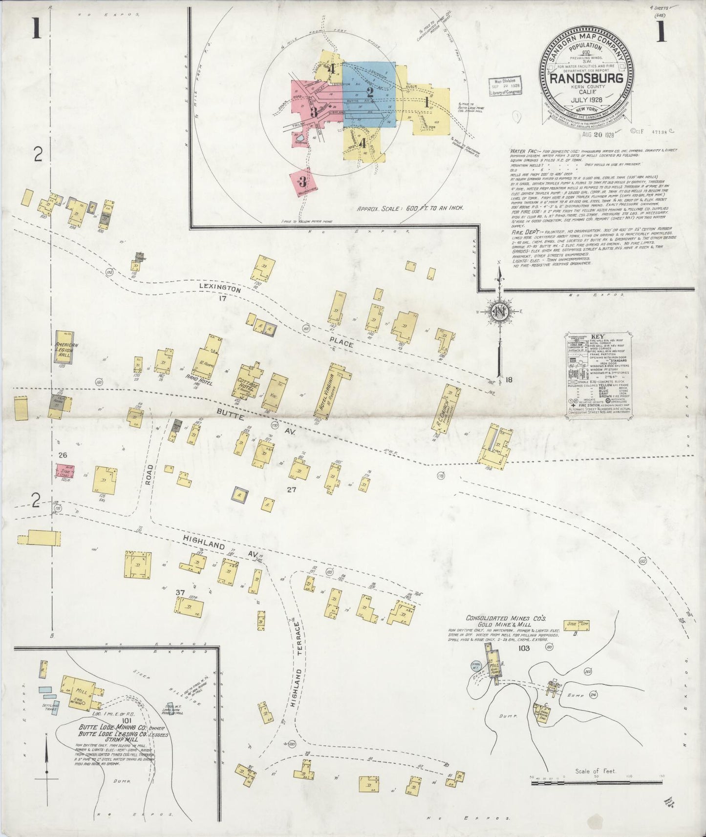 Sanborn Fire Insurance Map from Randsburg, Kern County, California (1928), Sheet #0001 - Complete Map Set gallery image, historic Sanborn map, vintage wall art, California California