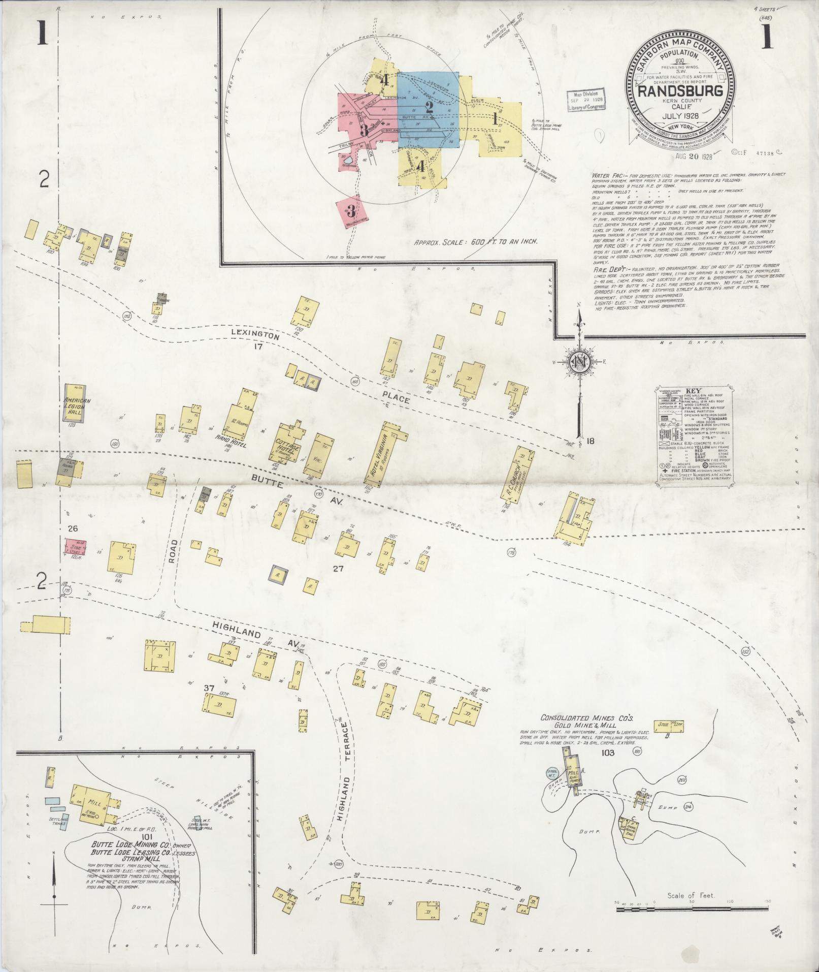 Sanborn Fire Insurance Map from Randsburg, Kern County, California (1928), Sheet #0001 - Complete Map Set gallery image, historic Sanborn map, vintage wall art, California California