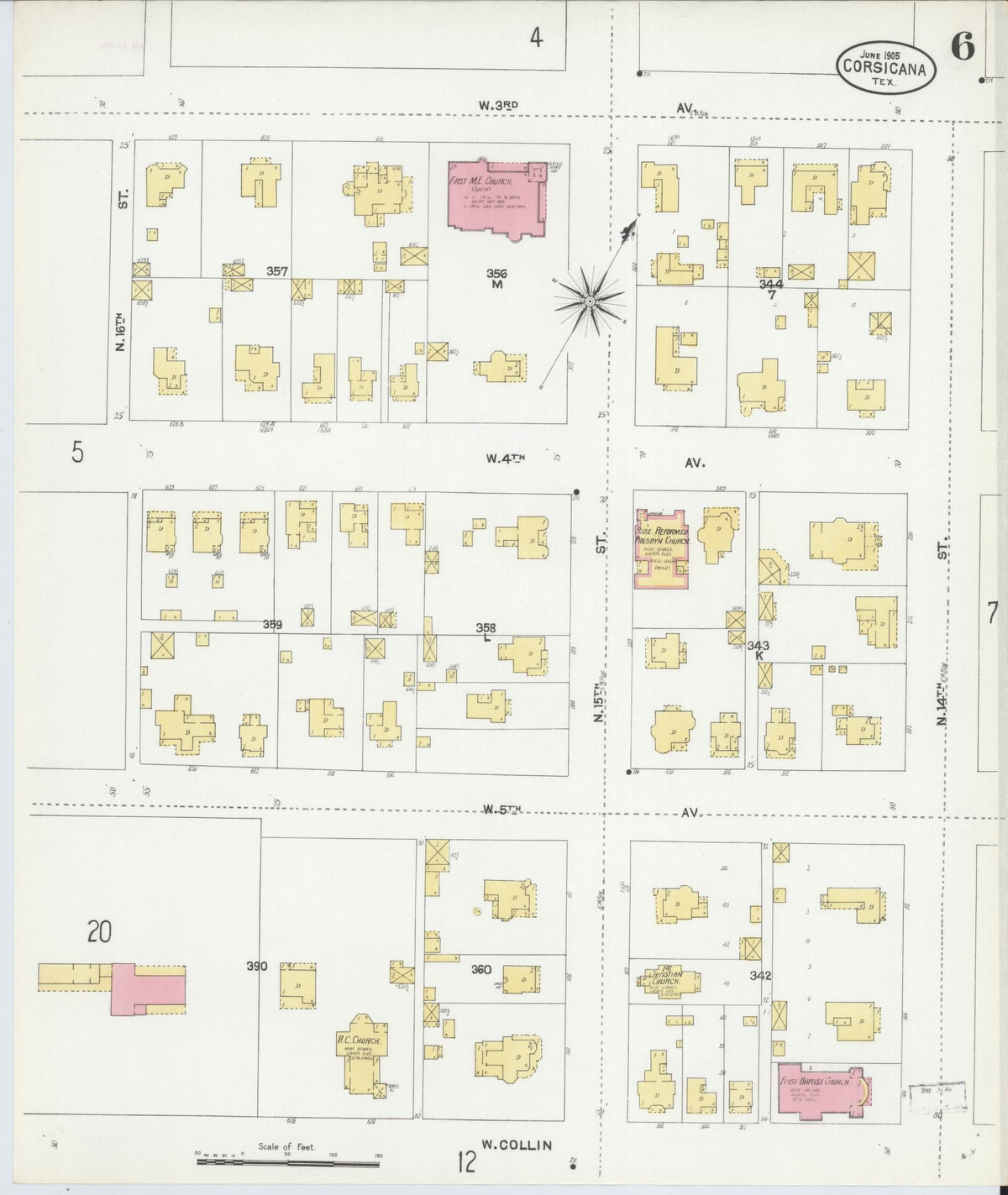 Sanborn Fire Insurance Map from Corsicana, Navarro County, Texas (1905), Sheet #0006 - Complete Map Set gallery image, historic Sanborn map, vintage wall art, Texas Texas