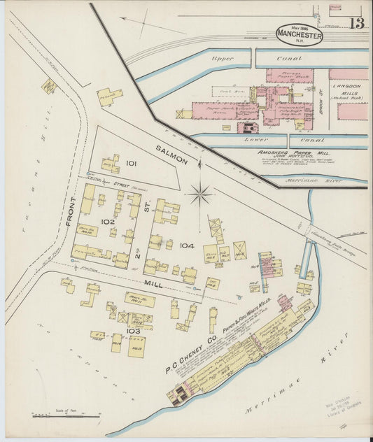 Sanborn Fire Insurance Map from Manchester, Hillsborough County, New Hampshire (1885), Sheet #0013 - Historic Sanborn Fire Insurance Map Print, vintage old map wall art, antique decor, genealogy gift, New Hampshire New Hampshire map
