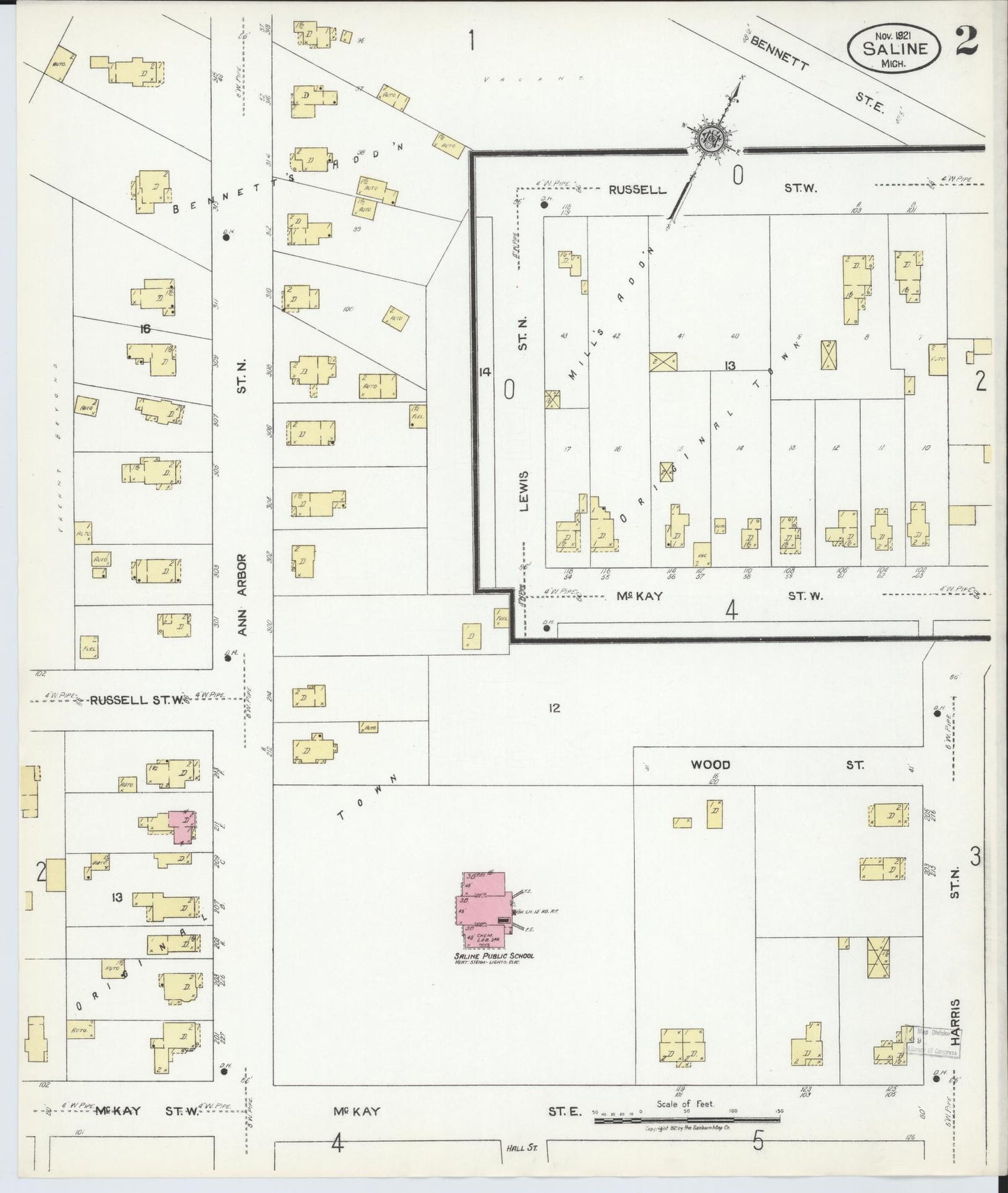 Sanborn Fire Insurance Map from Saline, Washtenaw County, Michigan (1921), Sheet #0002 - Complete Map Set gallery image, historic Sanborn map, vintage wall art, Michigan Michigan