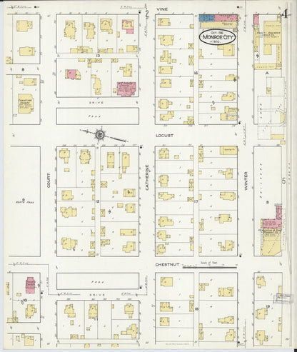 Sanborn Fire Insurance Map from Monroe City, Monroe County, Missouri (1916), Sheet #0004 - Complete Map Set gallery image, historic Sanborn map, vintage wall art, Missouri Missouri