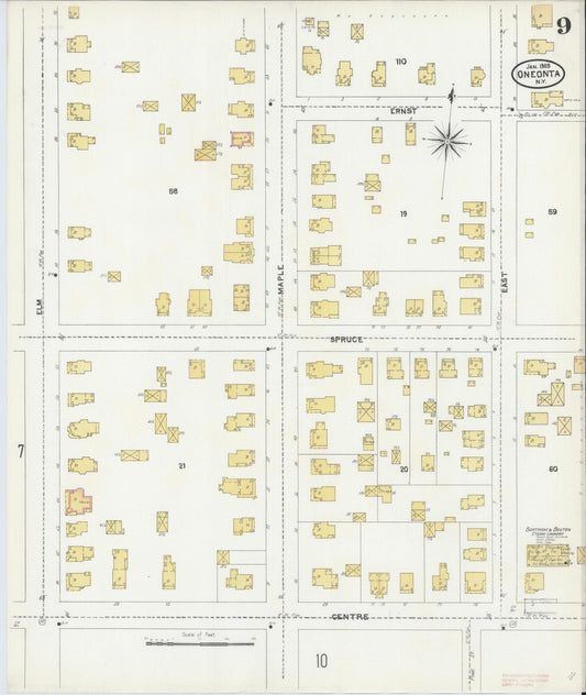 Sanborn Fire Insurance Map from Oneonta, Otsego County, New York (1905), Sheet #0009 - Historic Sanborn Fire Insurance Map Print, vintage old map wall art, antique decor, genealogy gift, New York New York map