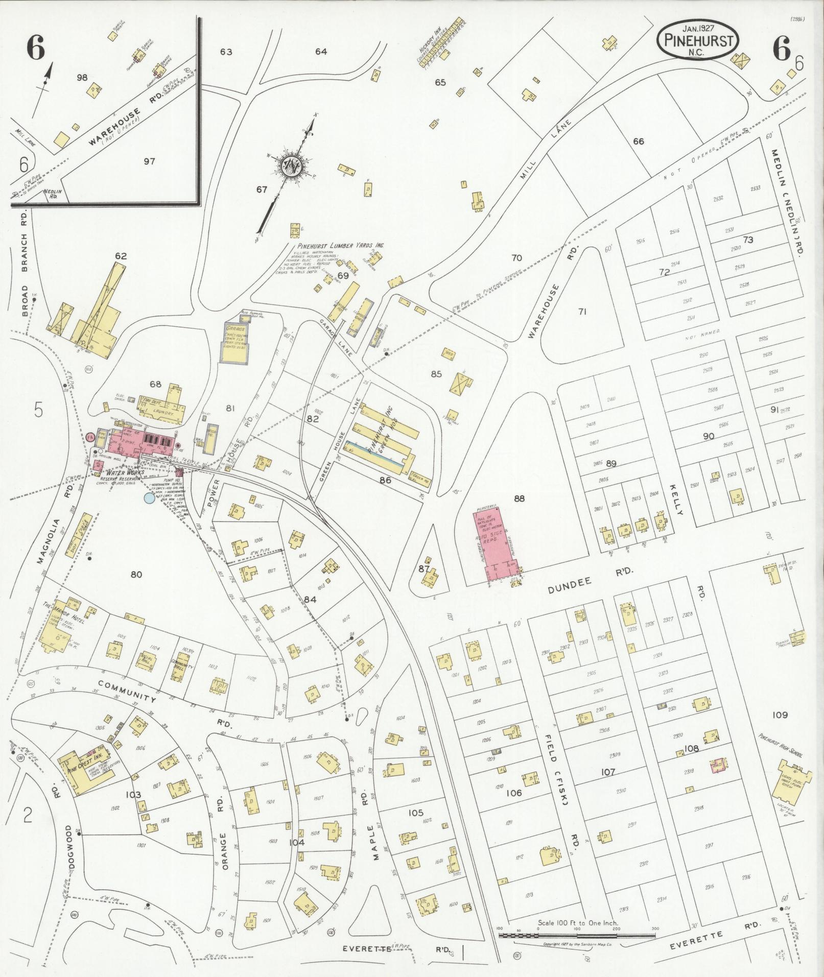 Sanborn Fire Insurance Map from Pinehurst, Moore County, North Carolina (1927), Sheet #0006 - Historic Sanborn Fire Insurance Map Print, vintage old map wall art, antique decor, genealogy gift, North Carolina North Carolina map