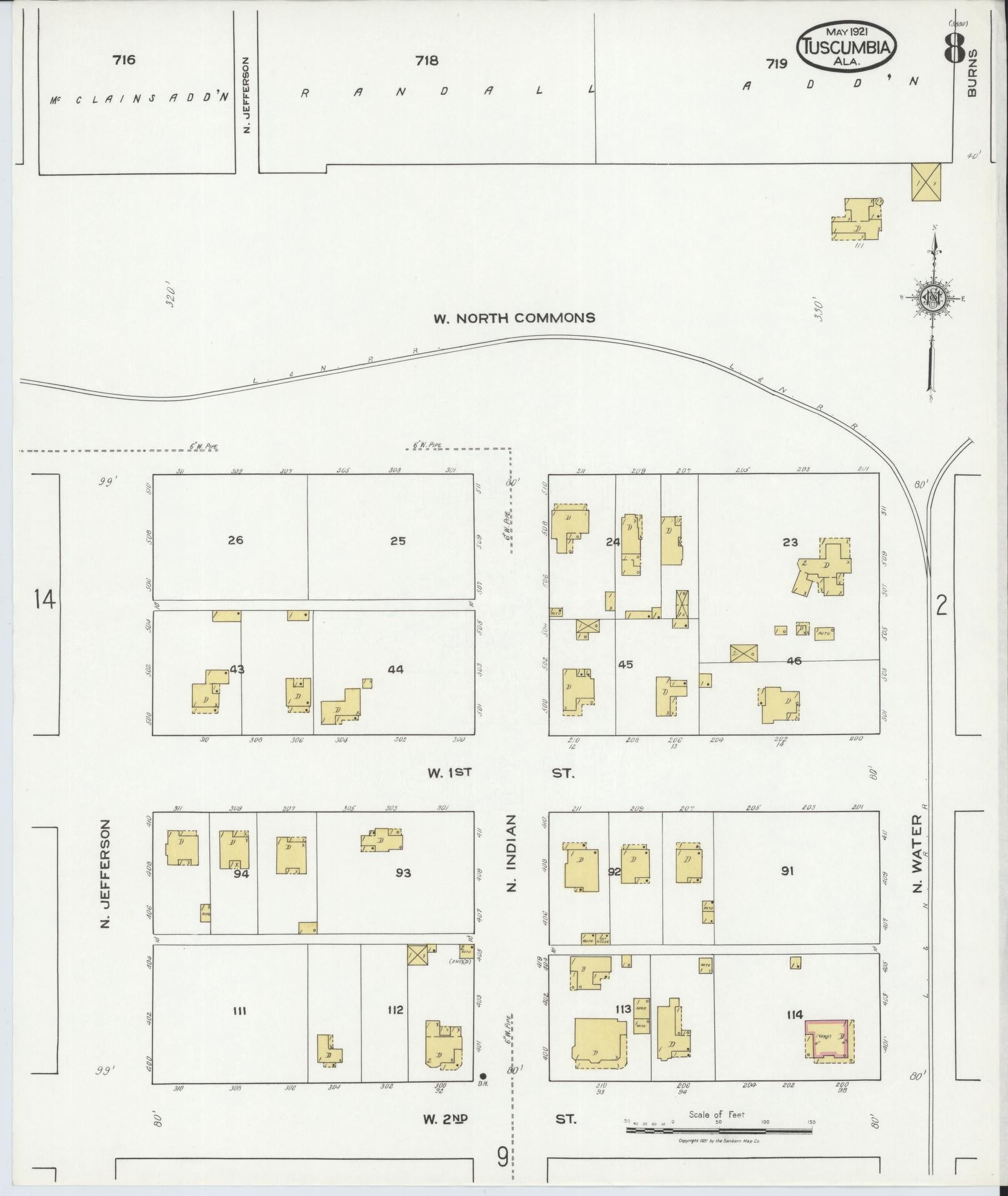Sanborn Fire Insurance Map from Tuscumbia, Colbert County, Alabama (1921), Sheet #0008 - Complete Map Set gallery image, historic Sanborn map, vintage wall art, Alabama Alabama