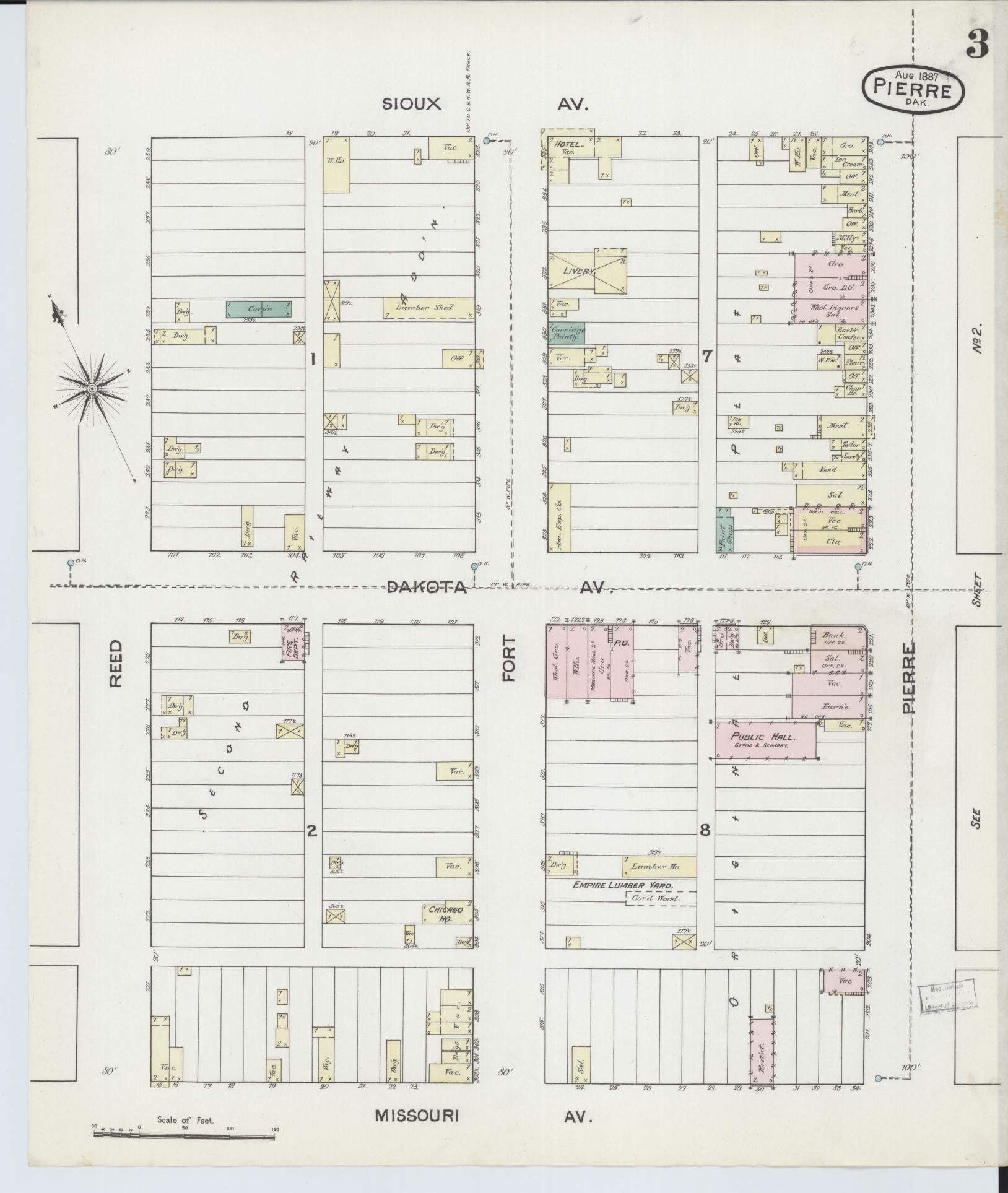 Sanborn Fire Insurance Map from Pierre, Hughes County, South Dakota (1887), Sheet #0003 - Complete Map Set gallery image, historic Sanborn map, vintage wall art, South Dakota South Dakota