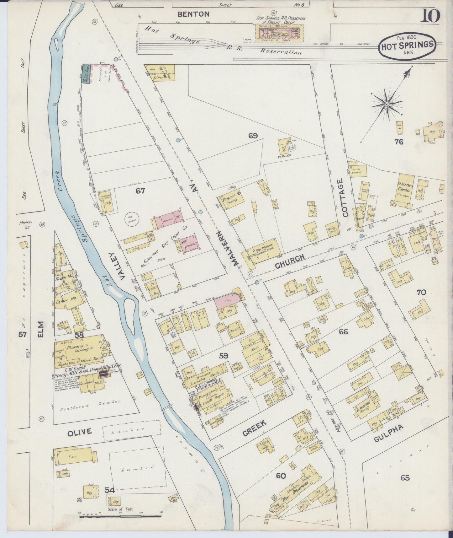 Sanborn Fire Insurance Map from Hot Springs, Garland County, Arkansas (1890), Sheet #0010 - Complete Map Set gallery image, historic Sanborn map, vintage wall art, Arkansas Arkansas