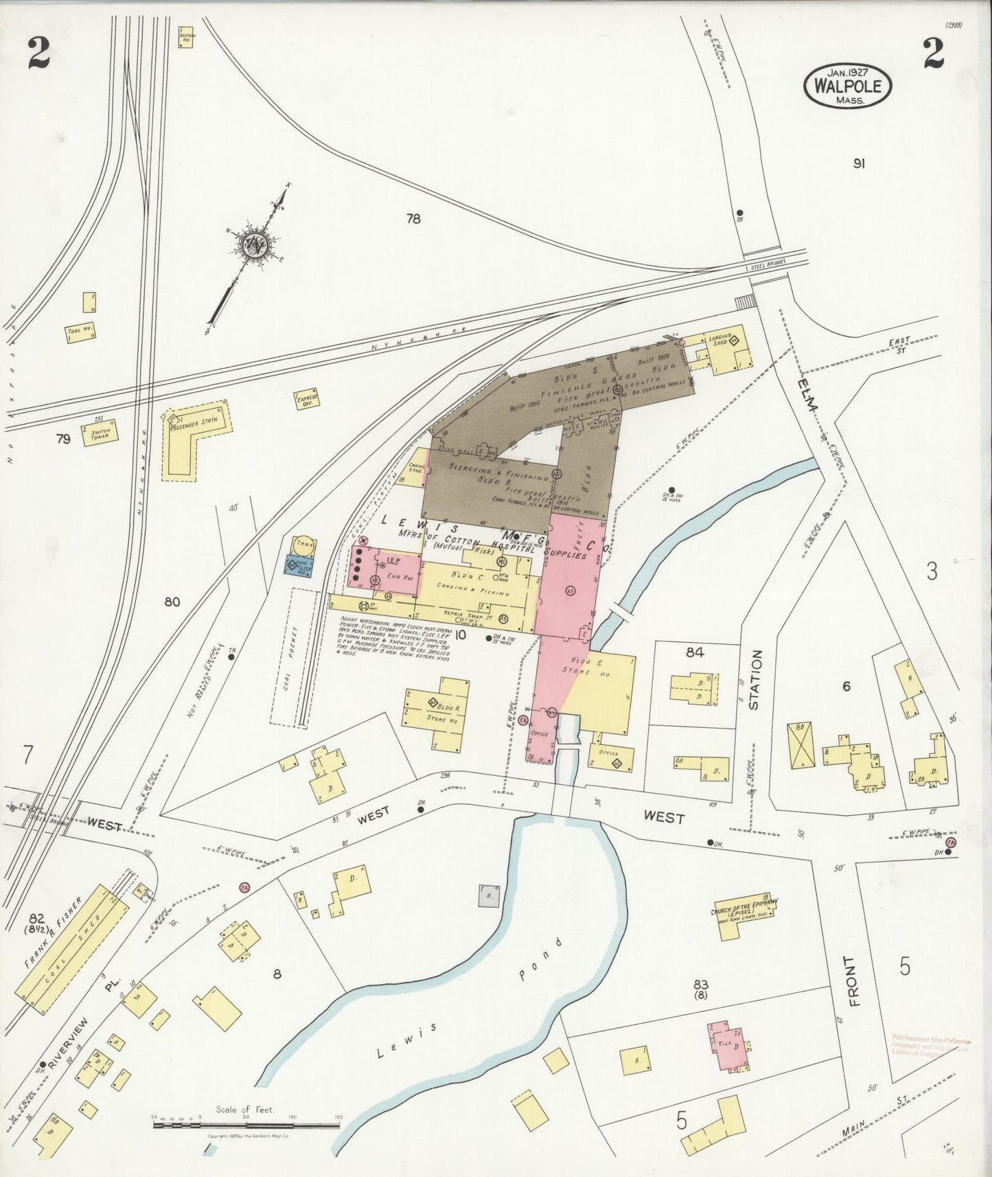 Sanborn Fire Insurance Map from Walpole, Norfolk County, Massachusetts (1927), Sheet #0002 - Complete Map Set gallery image, historic Sanborn map, vintage wall art, Massachusetts Massachusetts