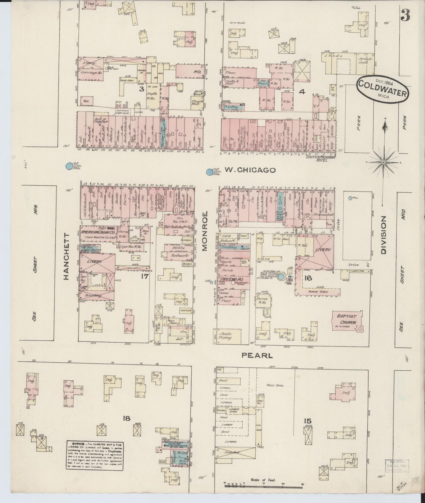 Sanborn Fire Insurance Map from Coldwater, Branch County, Michigan (1884), Sheet #0003 - Historic Sanborn Fire Insurance Map Print, vintage old map wall art, antique decor, genealogy gift, Michigan Michigan map