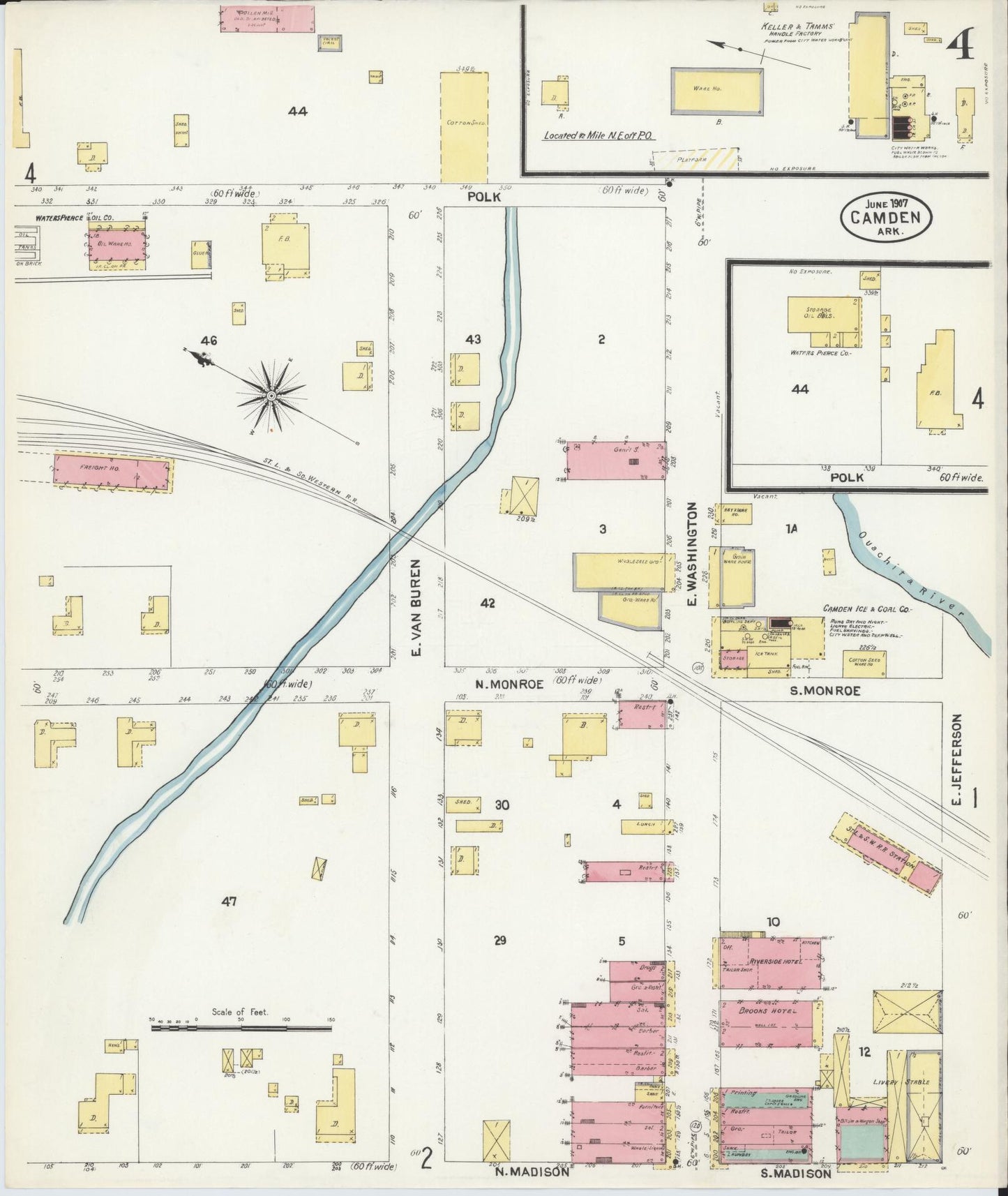 Sanborn Fire Insurance Map from Camden, Ouachita County, Arkansas (1907), Sheet #0004 - Complete Map Set gallery image, historic Sanborn map, vintage wall art, Arkansas Arkansas
