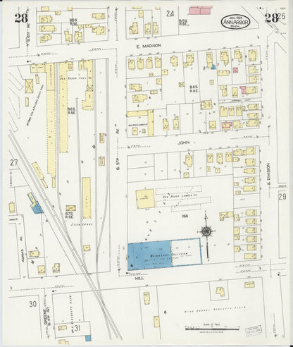 Sanborn Fire Insurance Map from Ann Arbor, Washtenaw County, Michigan (1925), Sheet #0028 - Historic Sanborn Fire Insurance Map Print, vintage old map wall art, antique decor, genealogy gift, Michigan Michigan map
