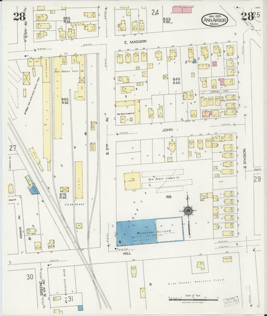 Sanborn Fire Insurance Map from Ann Arbor, Washtenaw County, Michigan (1925), Sheet #0028 - Historic Sanborn Fire Insurance Map Print, vintage old map wall art, antique decor, genealogy gift, Michigan Michigan map