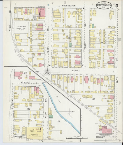 Sanborn Fire Insurance Map from Portsmouth, Scioto County, Ohio (1892), Sheet #0005 - Historic Sanborn Fire Insurance Map Print, vintage old map wall art, antique decor, genealogy gift, Ohio Ohio map
