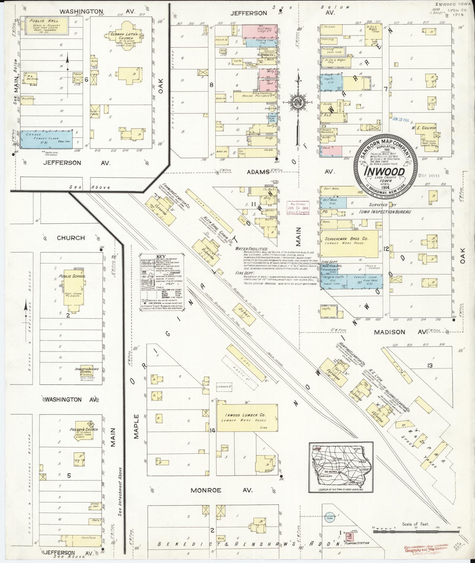 Sanborn Fire Insurance Map from Inwood, Lyon County, Iowa (1914), Sheet #0001 - Historic Sanborn Fire Insurance Map Print, vintage old map wall art