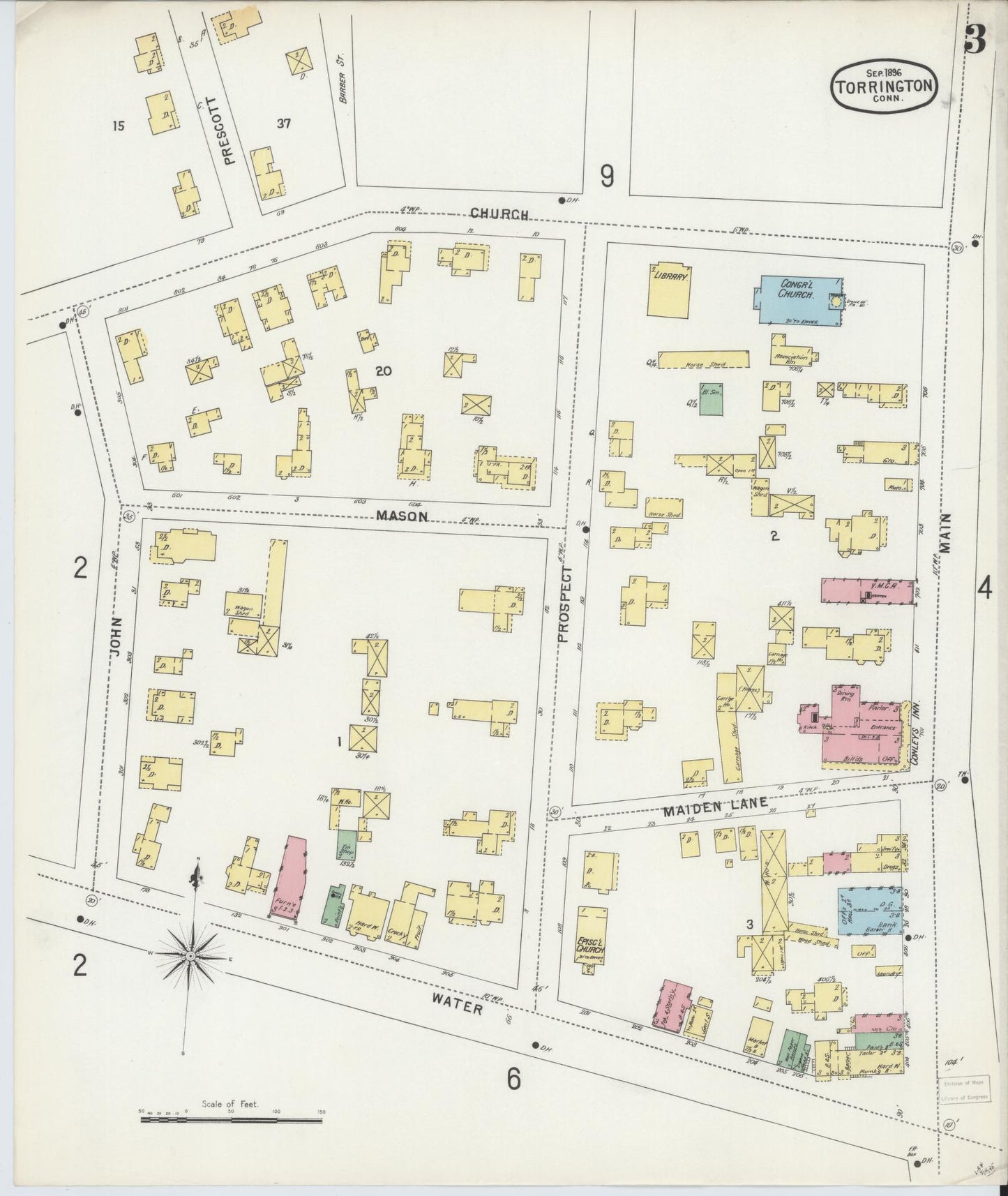 Sanborn Fire Insurance Map from Torrington, Litchfield County, Connecticut (1896), Sheet #0003 - Complete Map Set gallery image, historic Sanborn map, vintage wall art, Connecticut Connecticut