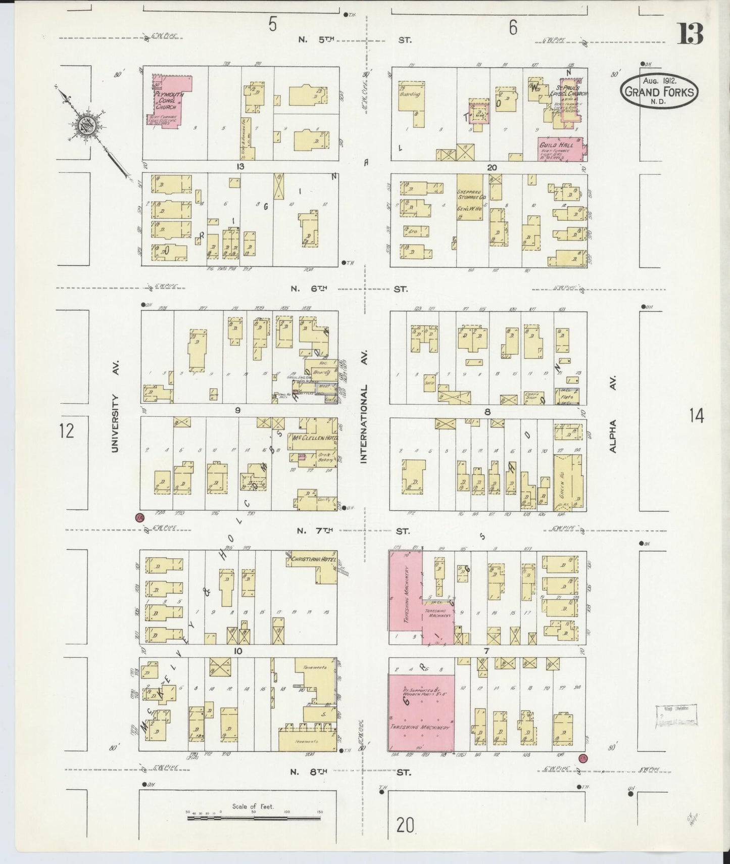Sanborn Fire Insurance Map from Grand Forks, Grand Forks County, North Dakota (1912), Sheet #0013 - Historic Sanborn Fire Insurance Map Print, vintage old map wall art, antique decor, genealogy gift, North Dakota North Dakota map