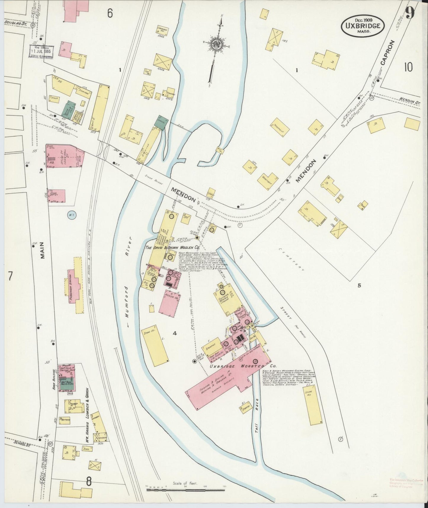 Sanborn Fire Insurance Map from Uxbridge, Worcester County, Massachusetts (1909), Sheet #0009 - Historic Sanborn Fire Insurance Map Print, vintage old map wall art, antique decor, genealogy gift, Massachusetts Massachusetts map