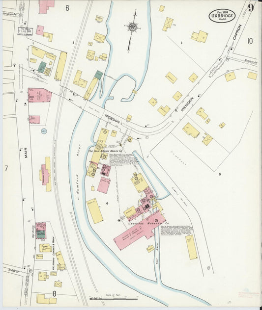 Sanborn Fire Insurance Map from Uxbridge, Worcester County, Massachusetts (1909), Sheet #0009 - Historic Sanborn Fire Insurance Map Print, vintage old map wall art, antique decor, genealogy gift, Massachusetts Massachusetts map