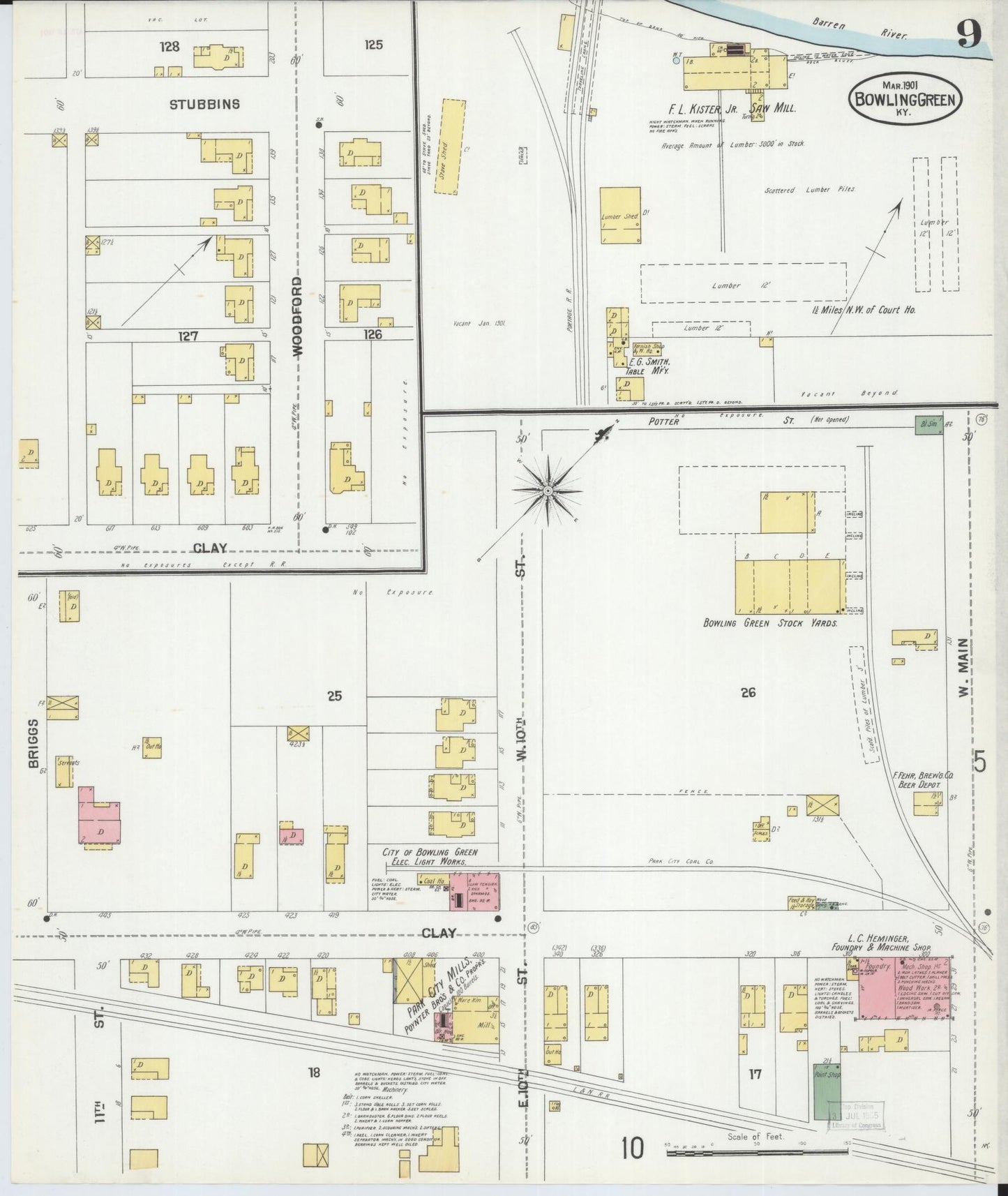 Sanborn Fire Insurance Map from Bowling Green, Warren County, Kentucky (1901), Sheet #0009 - Complete Map Set gallery image, historic Sanborn map, vintage wall art, Kentucky Kentucky