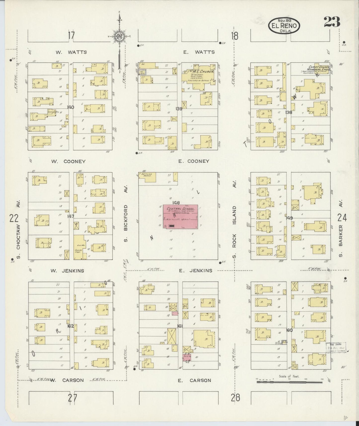 Sanborn Fire Insurance Map from El Reno, Canadian County, Oklahoma (1913), Sheet #0023 - Complete Map Set gallery image, historic Sanborn map, vintage wall art, Oklahoma Oklahoma