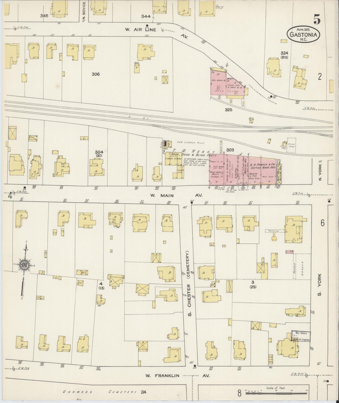 Sanborn Fire Insurance Map from Gastonia, Gaston County, North Carolina (1915), Sheet #0005 - Complete Map Set gallery image, historic Sanborn map, vintage wall art, North Carolina North Carolina