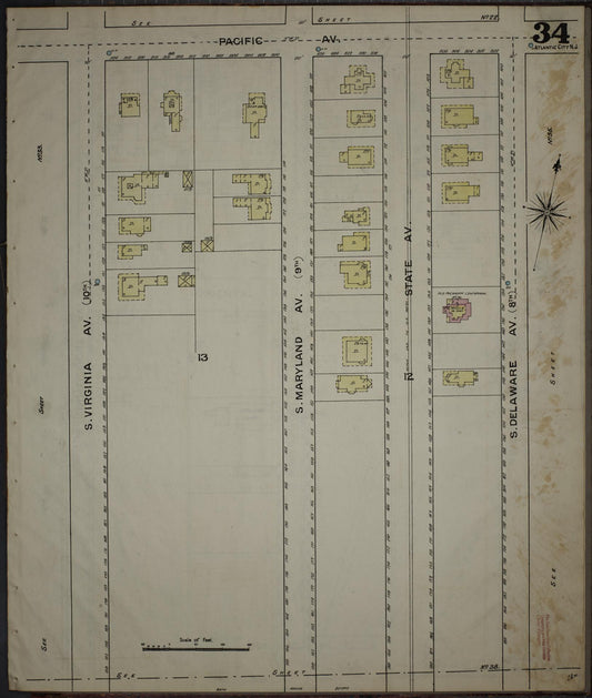 Sanborn Fire Insurance Map from Atlantic City, Atlantic County, New Jersey (1886), Sheet #0034 - Historic Sanborn Fire Insurance Map Print, vintage old map wall art, antique decor, genealogy gift, New Jersey New Jersey map