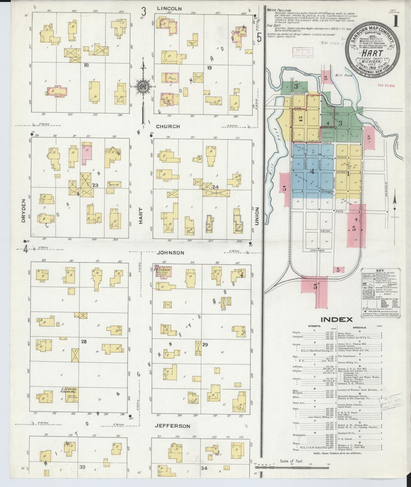 Sanborn Fire Insurance Map from Hart, Oceana County, Michigan (1910), Sheet #0001 - Historic Sanborn Fire Insurance Map Print, vintage old map wall art, antique decor, genealogy gift, Michigan Michigan map
