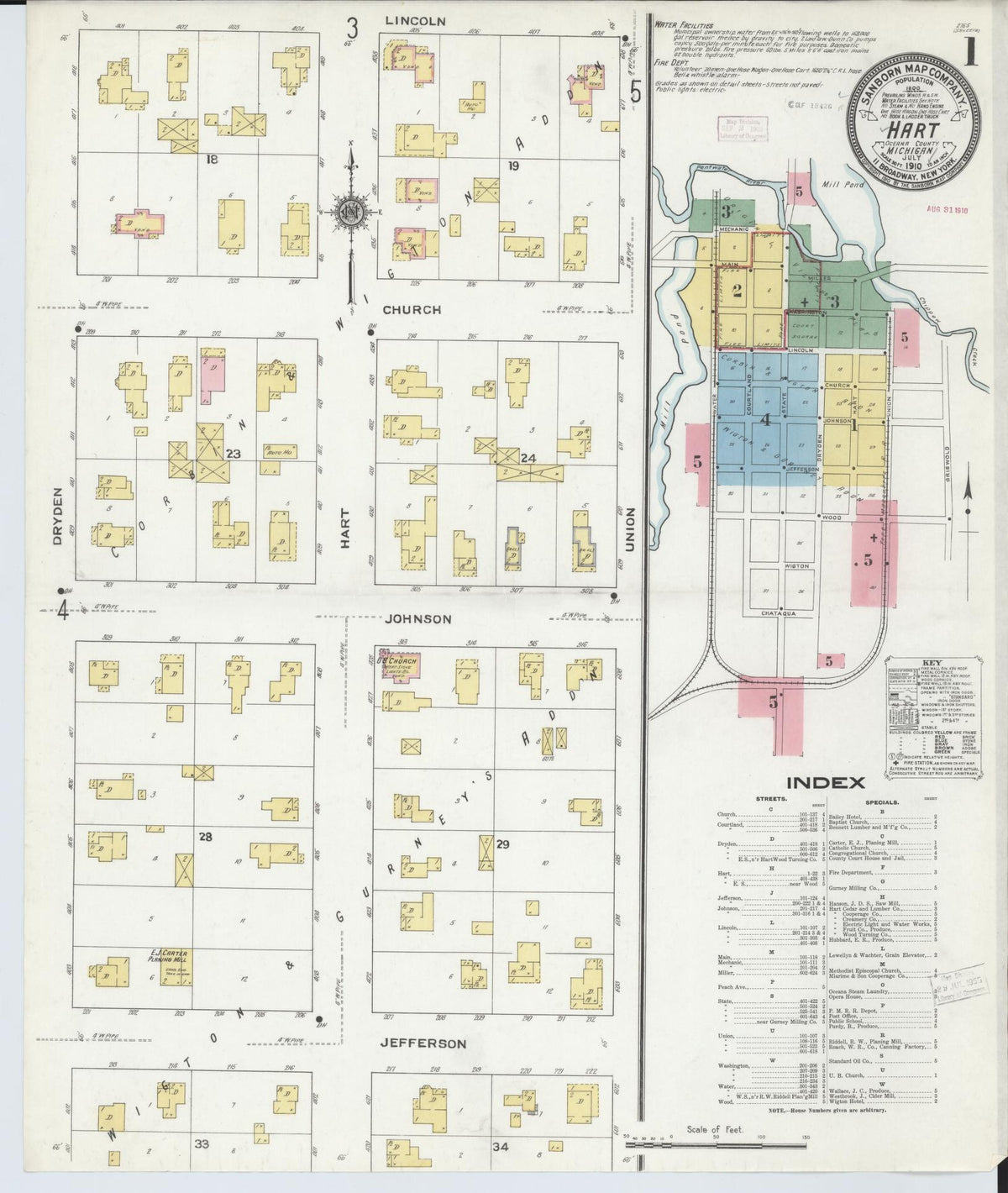 Sanborn Fire Insurance Map from Hart, Oceana County, Michigan (1910), Sheet #0001 - Historic Sanborn Fire Insurance Map Print, vintage old map wall art, antique decor, genealogy gift, Michigan Michigan map