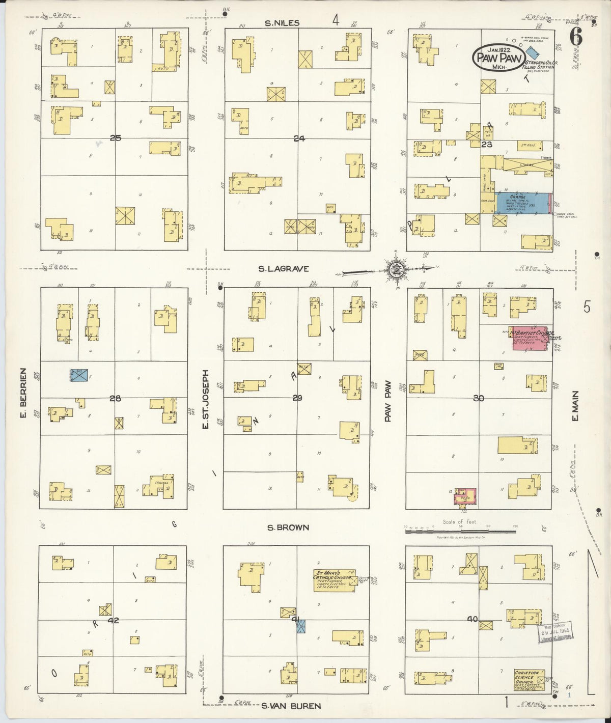 Sanborn Fire Insurance Map from Paw Paw, Van Buren County, Michigan (1922), Sheet #0006 - Historic Sanborn Fire Insurance Map Print, vintage old map wall art, antique decor, genealogy gift, Michigan Michigan map