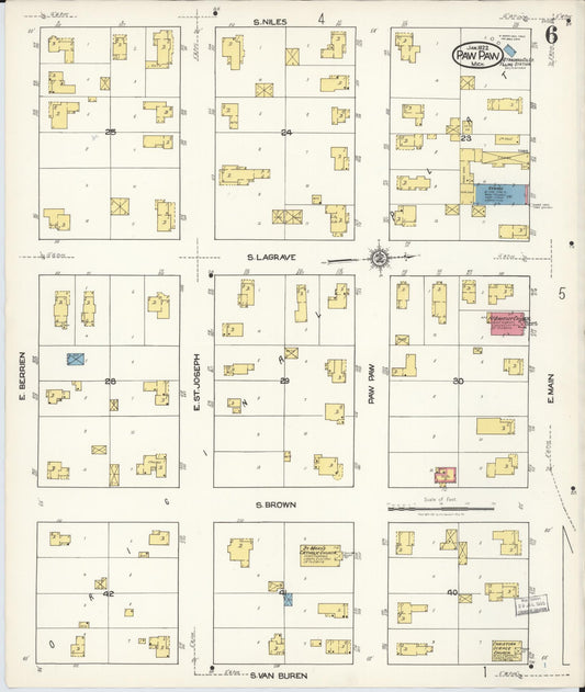 Sanborn Fire Insurance Map from Paw Paw, Van Buren County, Michigan (1922), Sheet #0006 - Historic Sanborn Fire Insurance Map Print, vintage old map wall art, antique decor, genealogy gift, Michigan Michigan map